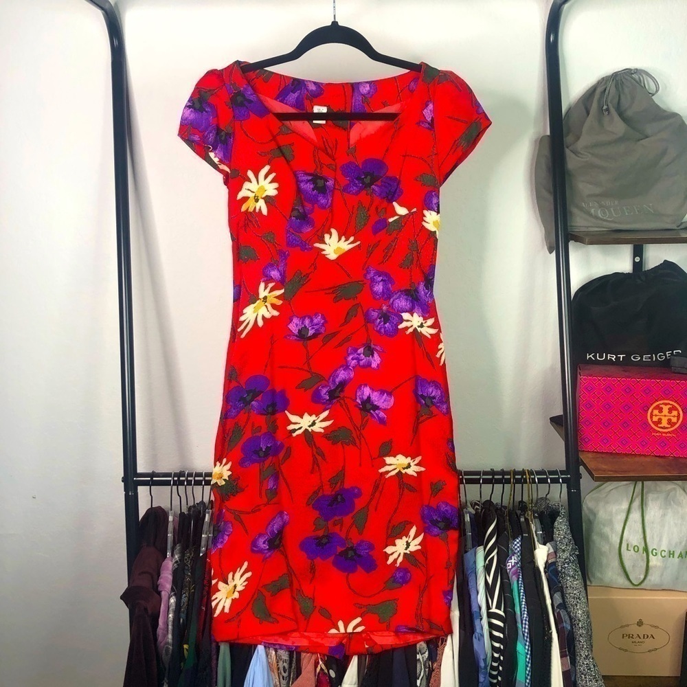 Vintage 100% Silk Red Floral Wiggle Pinup Dress